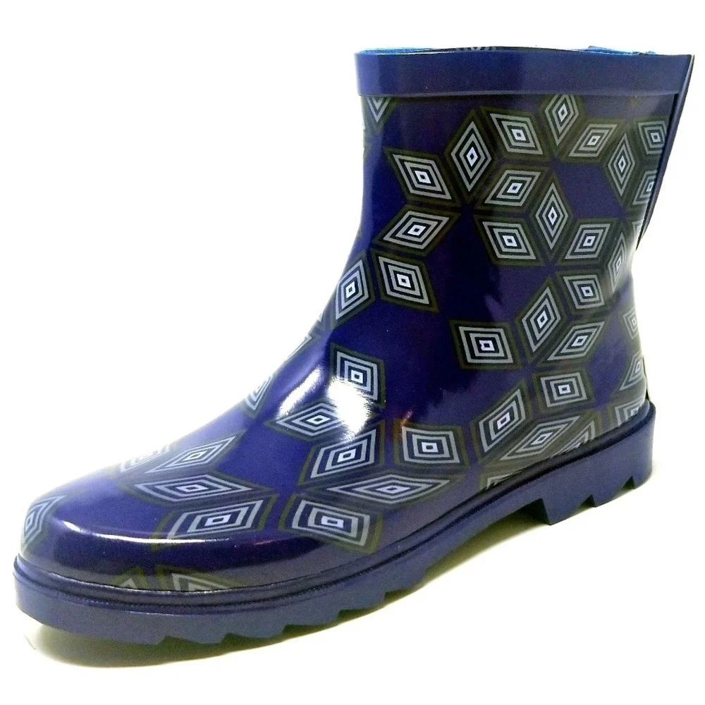 Women's Rainboots, Rubber Ankle Rain Boots, #3160, Blue Geometric Pattern